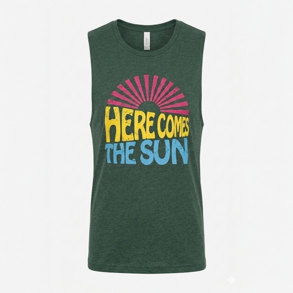 None Other - Vintage Boho 'Here Comes the‎ Sun' Distressed Tank Top - Forest Green
